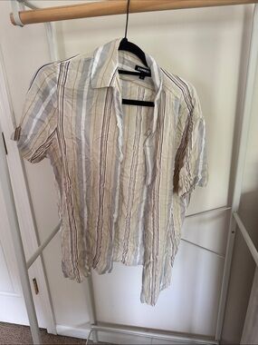 Express Men’s Short Sleeve Button-Up Shirt in Beige, White & Brown Stripes